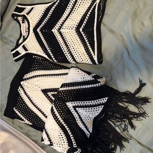 Crochet Fringe Skirt Set in Black and White